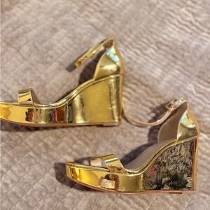 Mix No. 6 Shiny Gold Wedge Sandals with Ankle Strap
